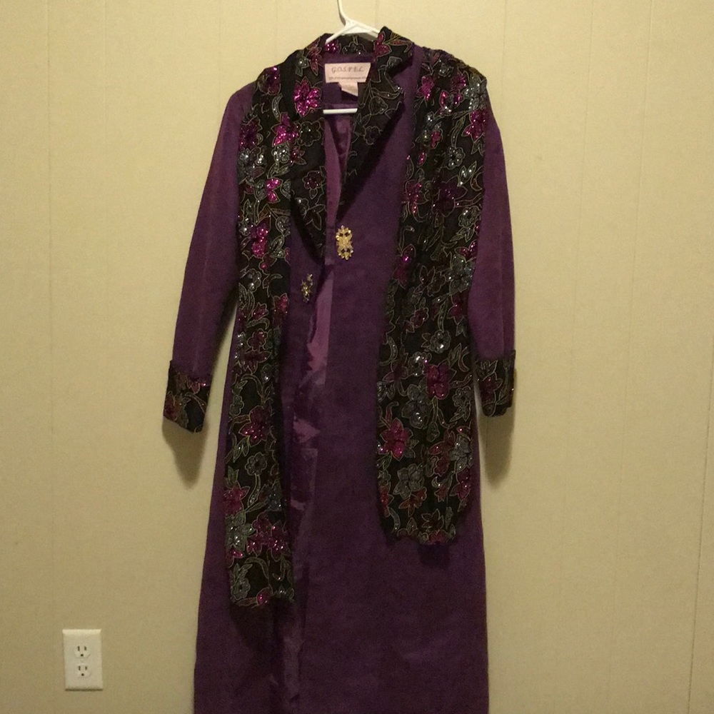 2 piece purple long skirt suit with scarf
